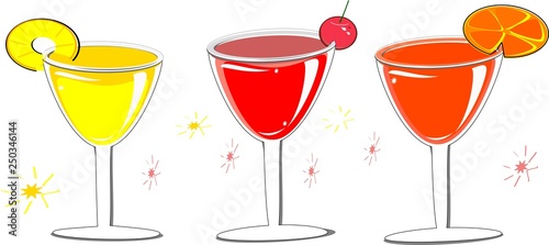 Wine glasses with rounded layouts, summer cocktails, fruit juices, watermelon, orange, pineapple, grapes, lime juice, splash, tropical fruit concept during Songkran Thai, vector illustration
