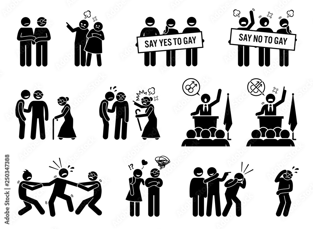 Vetor de Gay man social problems and life hurdles. Illustrations depict