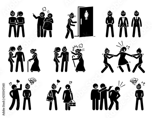 Lesbian woman social difficulty and life struggle. Illustrations depict homosexual tomboy facing public rejection, hate, and bullies.
