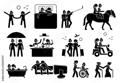 Lesbian couple lifestyle and activities. Illustrations depict gay or homosexual women enjoying and spending their life together.