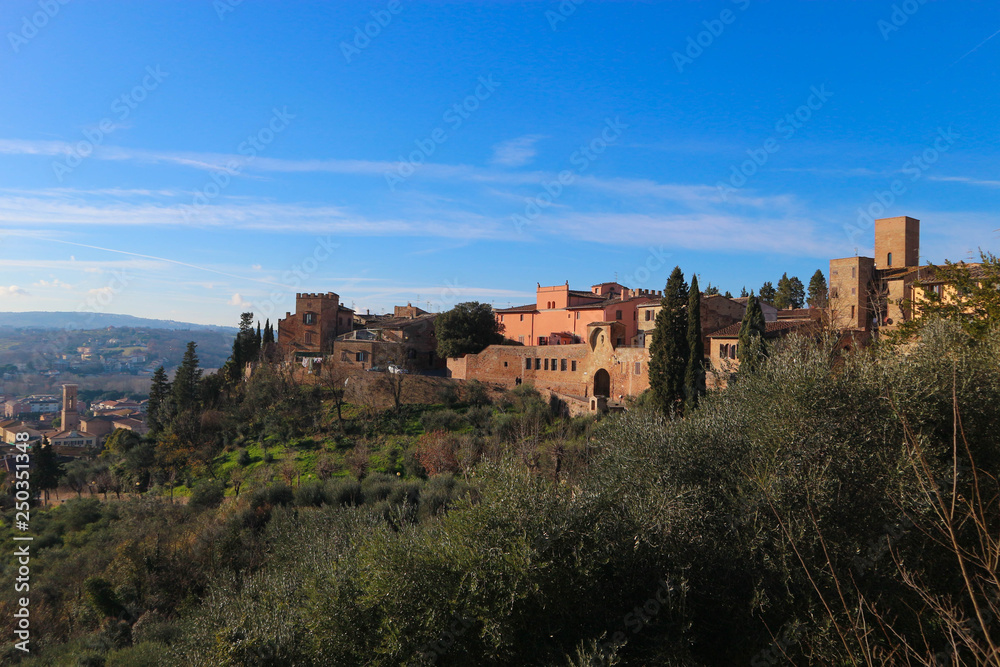 Scenic view of little cosy tuscany Certaldo old town in winter sunny day, italy