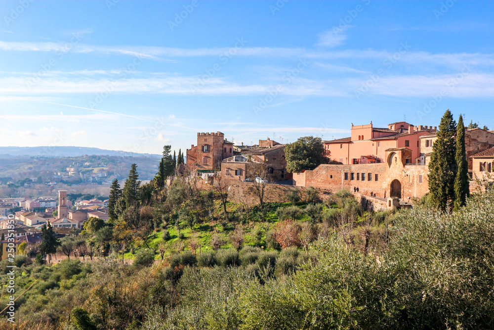 Scenic view of little cosy tuscany Certaldo old town in winter sunny day, italy