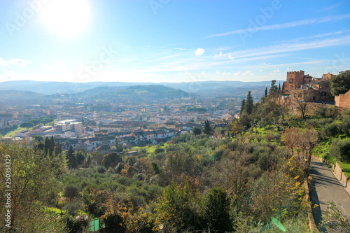 Panoramic view to Certaldo old and new town under the blue winter sky, Tuscany, Italy