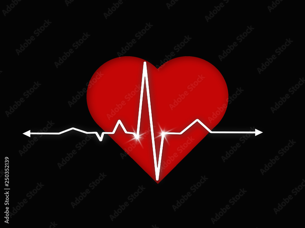 White heart wave on a red heart, isolated on a black background and the  concept of caring for heart patients Stock Photo | Adobe Stock