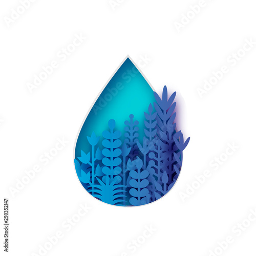 Blue water drop with paper cut flowers and leaves. Aqua shape with origami floral bouquet.