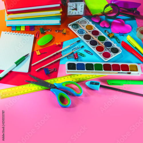 stationery accessories - pens, markers, paints, scissors, stickers, notepads.