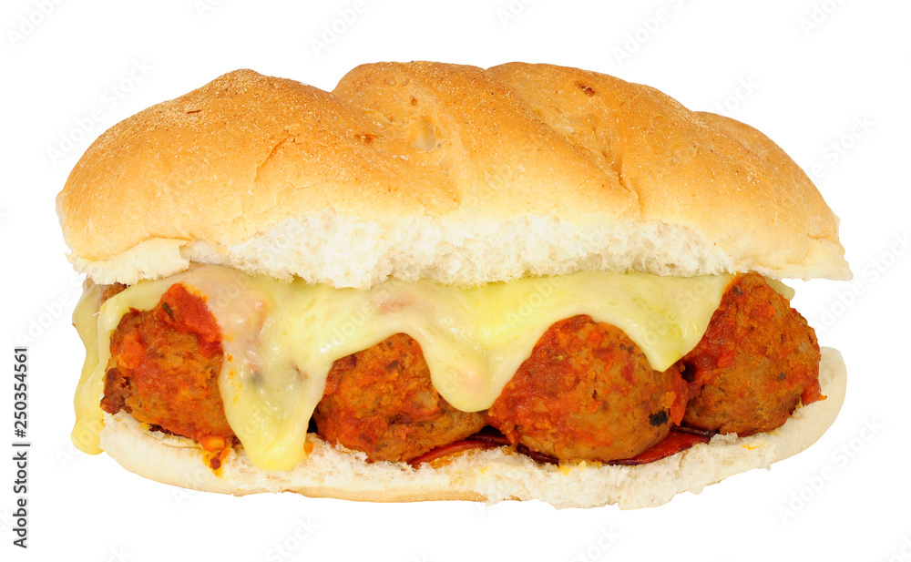 Meatball and melted cheese sandwich isolated on a white background