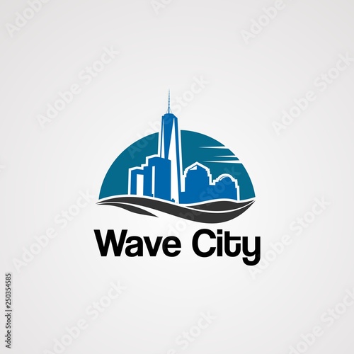 wave city logo vector with skyline on sun concept, element, icon, and template for company