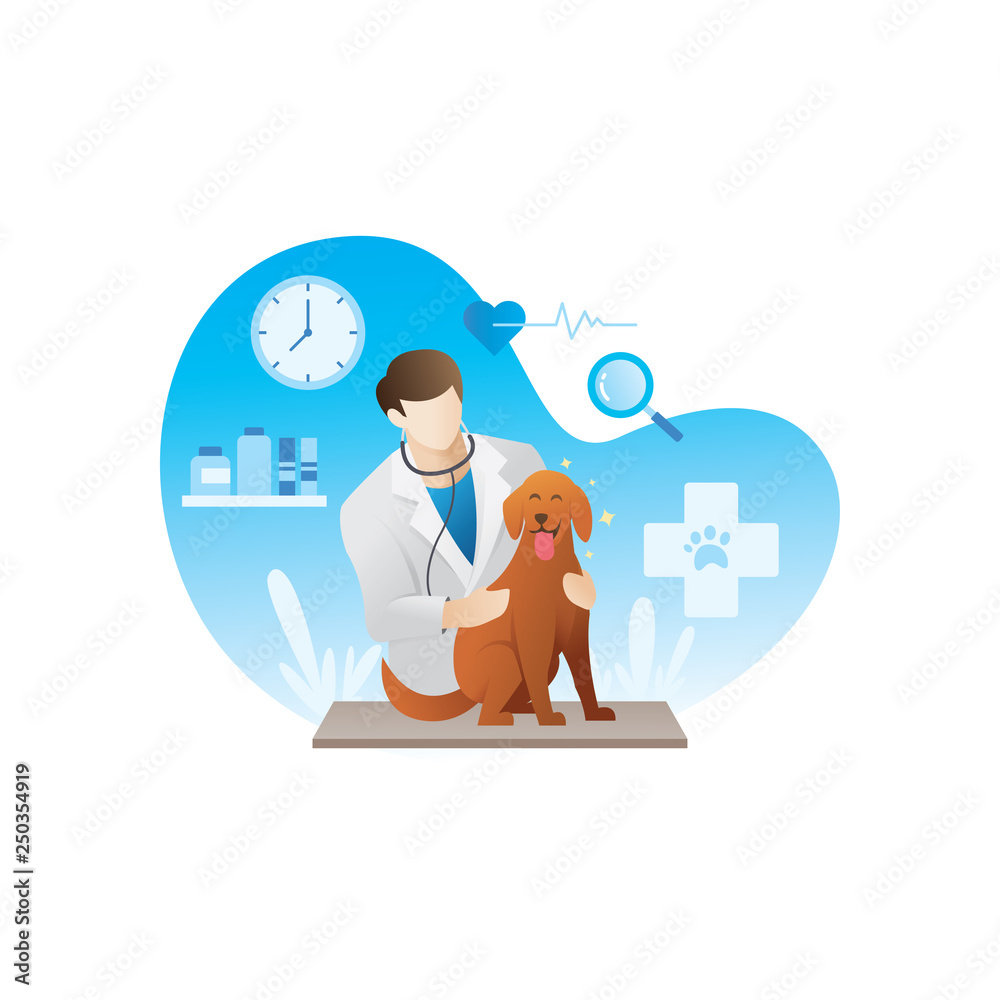 Vector illustration of veterinarian with a dog, Veterinarian doctor examining the dog in the hospital. Veterinary concept - Vector illustration