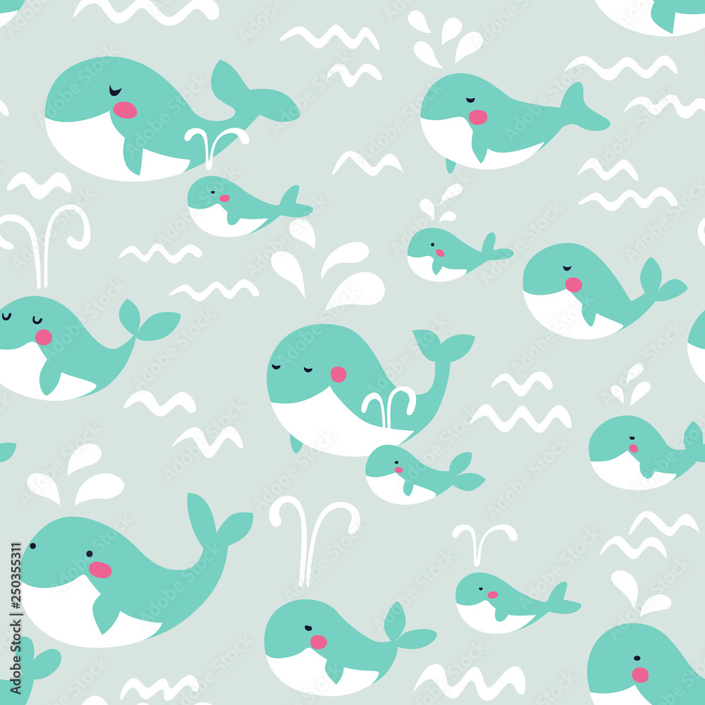 Cute seamless pattern with funny whales in pastel colors Cute seamless pattern with funny whales in pastel colors