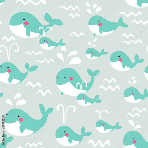 Fototapeta Naklejka Na Ścianę i Meble -  Cute seamless pattern with funny whales in pastel colors 