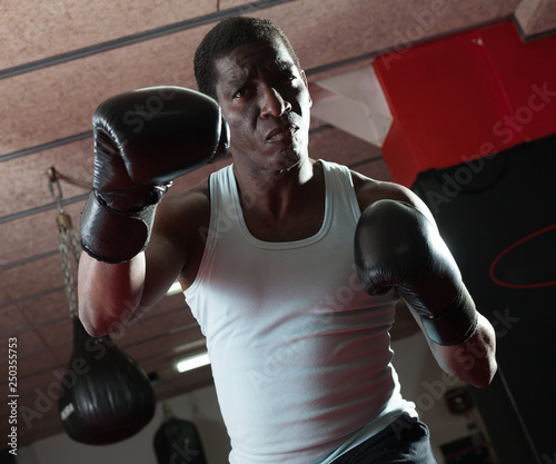 Confident afro american boxer holds training in the ring