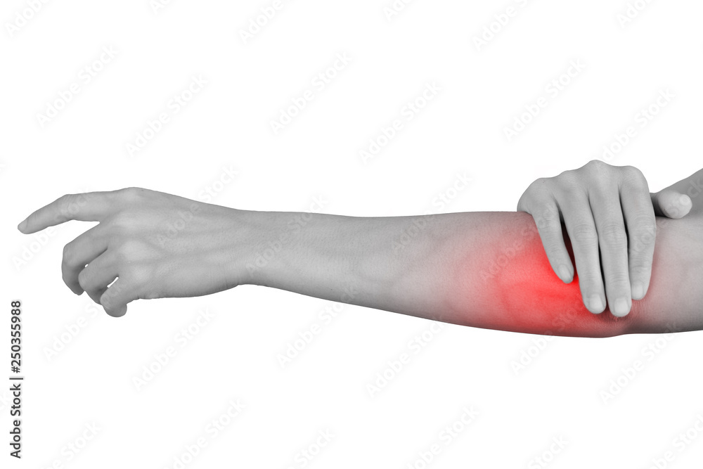 Inflammation colored in red suffering from pain in a elbow, healthcare and problem concept Inflammation colored in red suffering from pain in a elbow, healthcare and problem concept