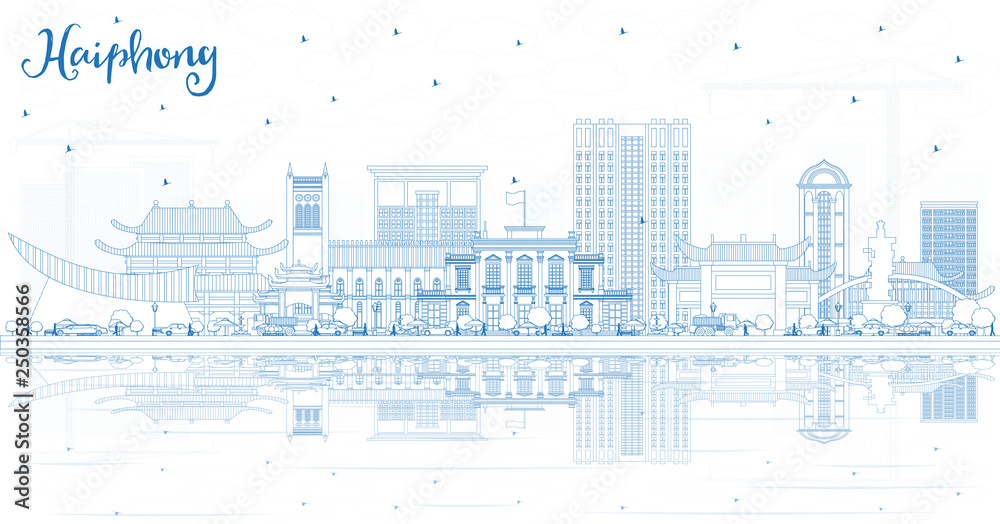 Outline Haiphong Vietnam City Skyline with Blue Buildings and Reflections. Outline Haiphong Vietnam City Skyline with Blue Buildings and Reflections.