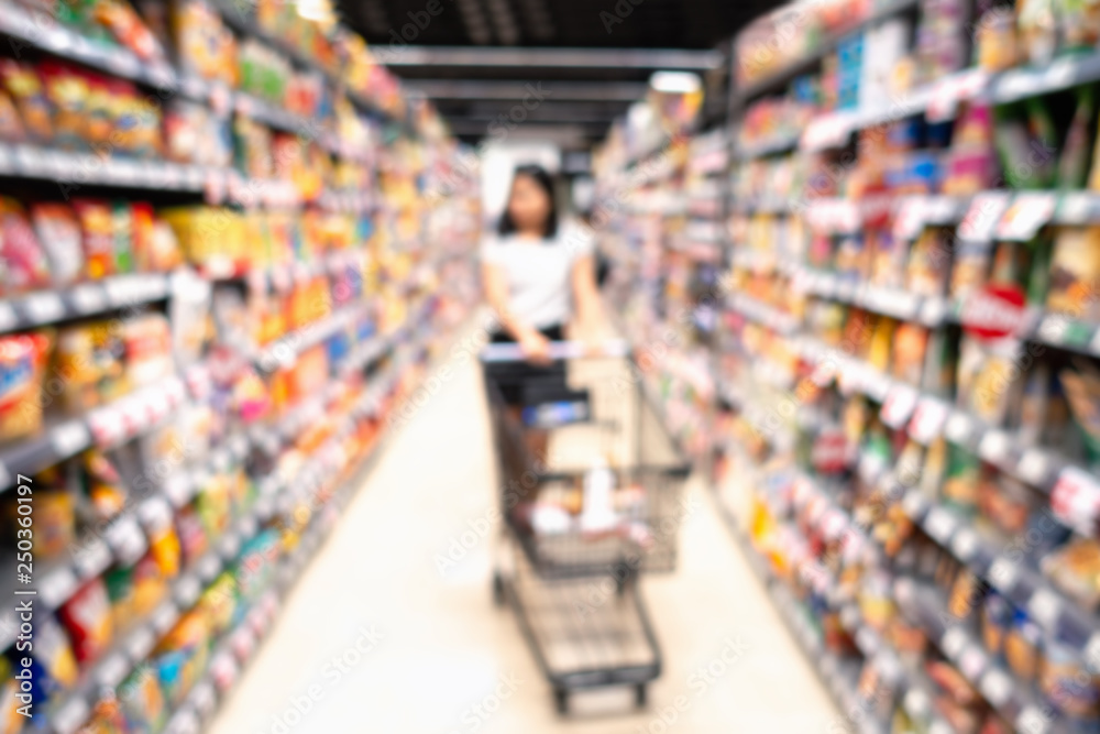 Abstract Defocus Blurred of Consumer and Goods in Supermarket Grocery Store., Business Retail and Customer Shopping Mall Service., Motion Blurry Concept.