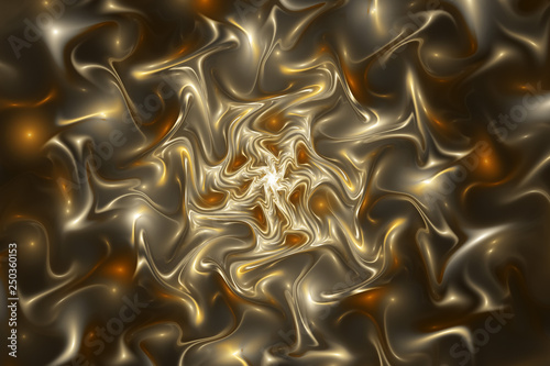 Abstract glossy golden chaotic waves. Digital fractal art. 3d rendering.