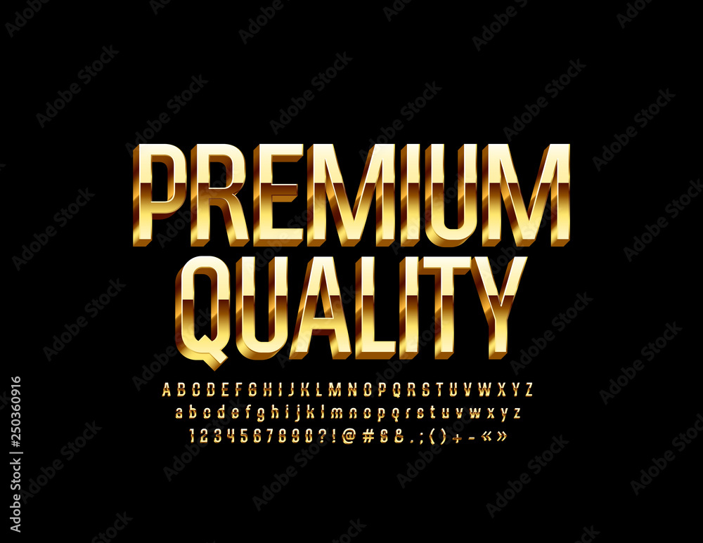 Vector Golden Premium Quality Alphabet Letters, Numbers and Symbols. Luxury isometric Font.