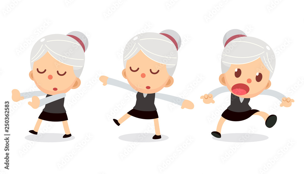 Set of tiny businesswoman character in actions. A woman with gray hair. Daydream. Set of tiny businesswoman character in actions. A woman with gray hair. Daydream.