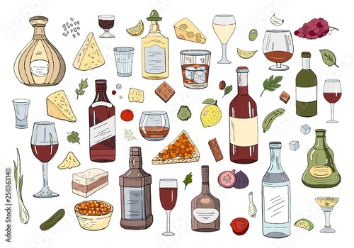 Big set hand drawn alcohol drinks and glasses isolated