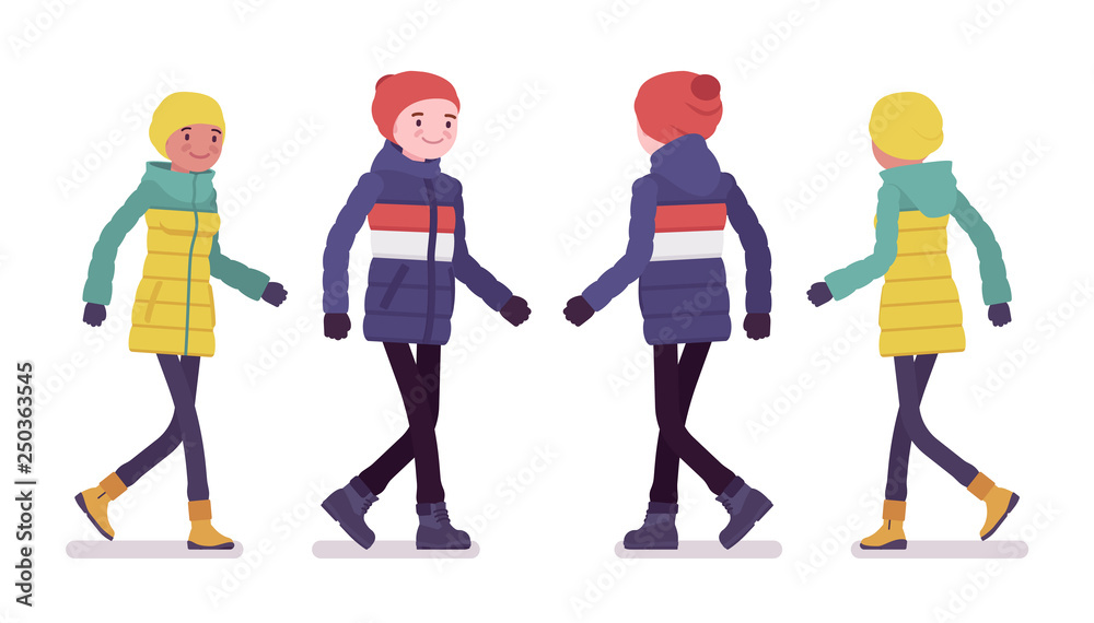 Obraz premium Young man and woman in down jacket walking, wearing soft warm winter clothes, classic snow boots, hat. Vector flat style cartoon illustration isolated on white background, front and rear view
