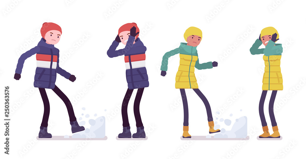 Young man and woman in down jacket in negative emotions, unhappy wearing soft warm winter clothes, classic snow boots and hat. Vector flat style cartoon illustration isolated on white background