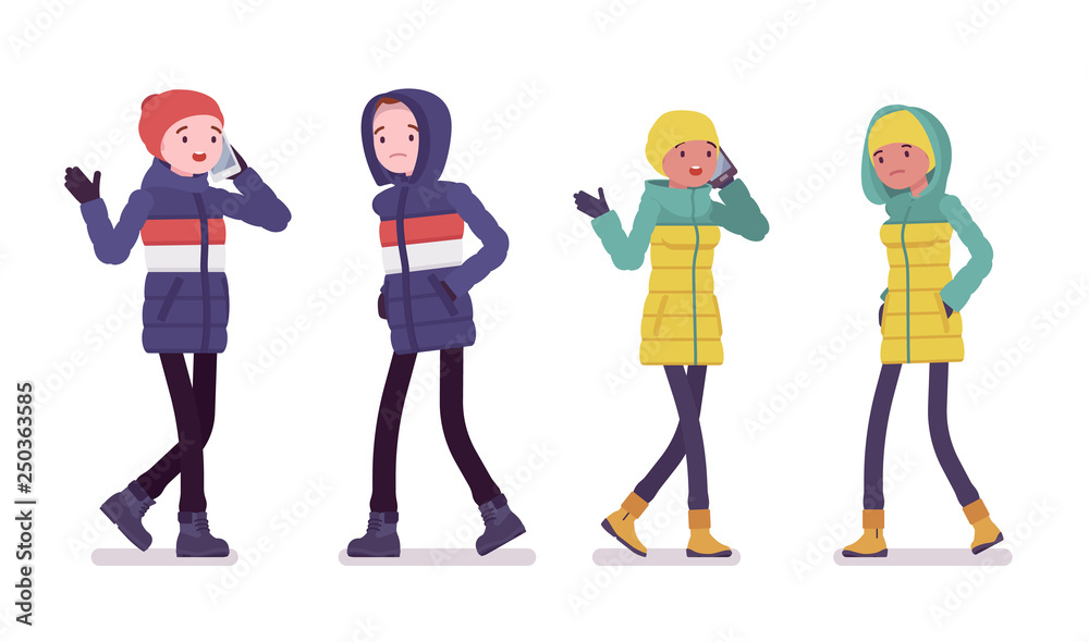Young man and woman in down jacket walking, phone talking, wearing soft warm winter clothes, classic snow boots, hat and hood. Vector flat style cartoon illustration isolated on white background Young man and woman in down jacket walking, phone talking, wearing soft warm winter clothes, classic snow boots, hat and hood. Vector flat style cartoon illustration isolated on white background