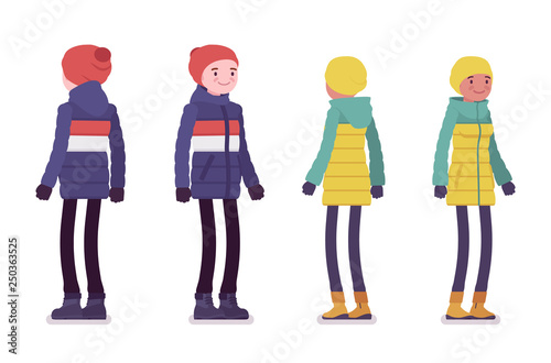 Young man and woman in down jacket standing, wearing soft warm winter clothes, classic snow boots, hat. Vector flat style cartoon illustration isolated on white background, front and rear view