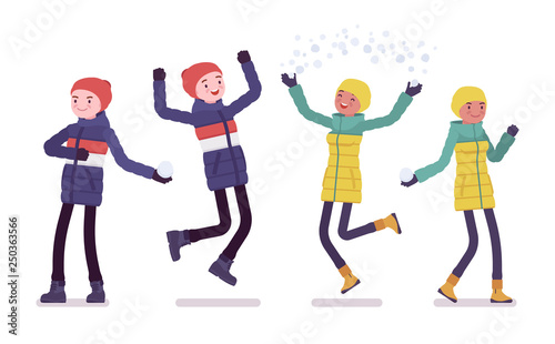 Young man and woman in down jacket in positive emotions, happy wearing soft warm winter clothes, classic snow boots and hat. Vector flat style cartoon illustration isolated on white background