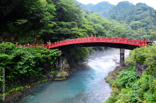 Shinkyo bridge (red wood bridge) famous travel destination of Nikko, Japan.