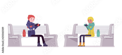 Young man and woman in a down jacket sitting on park bench with thermos, wearing soft warm winter clothes, snow boots and hat. Vector flat style cartoon illustration isolated on white background