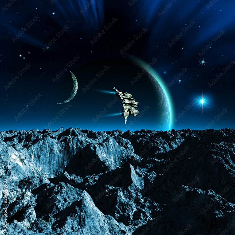 Plakat a spaceship flying over a moon with mountains and rocks, two planets with atmosphere, a bright star and nebula, 3d illustration