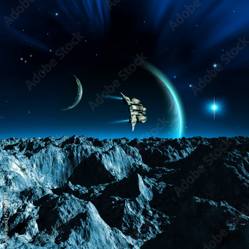 a spaceship flying over a moon with mountains and rocks, two planets with atmosphere, a bright star and nebula, 3d illustration