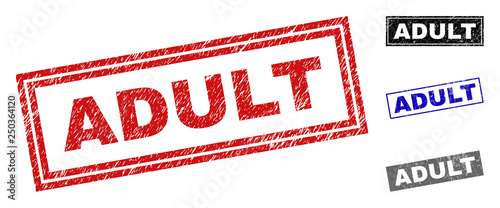 Grunge ADULT rectangle stamp seals isolated on a white background. Rectangular seals with grunge texture in red, blue, black and grey colors.