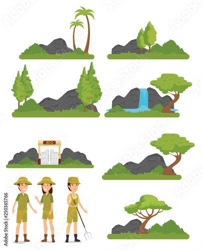 set zoo animals reserve with safari people