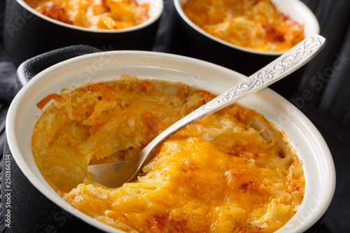 Tasty potato casserole with sour cream and cheddar cheese close-up in a pan. horizontal