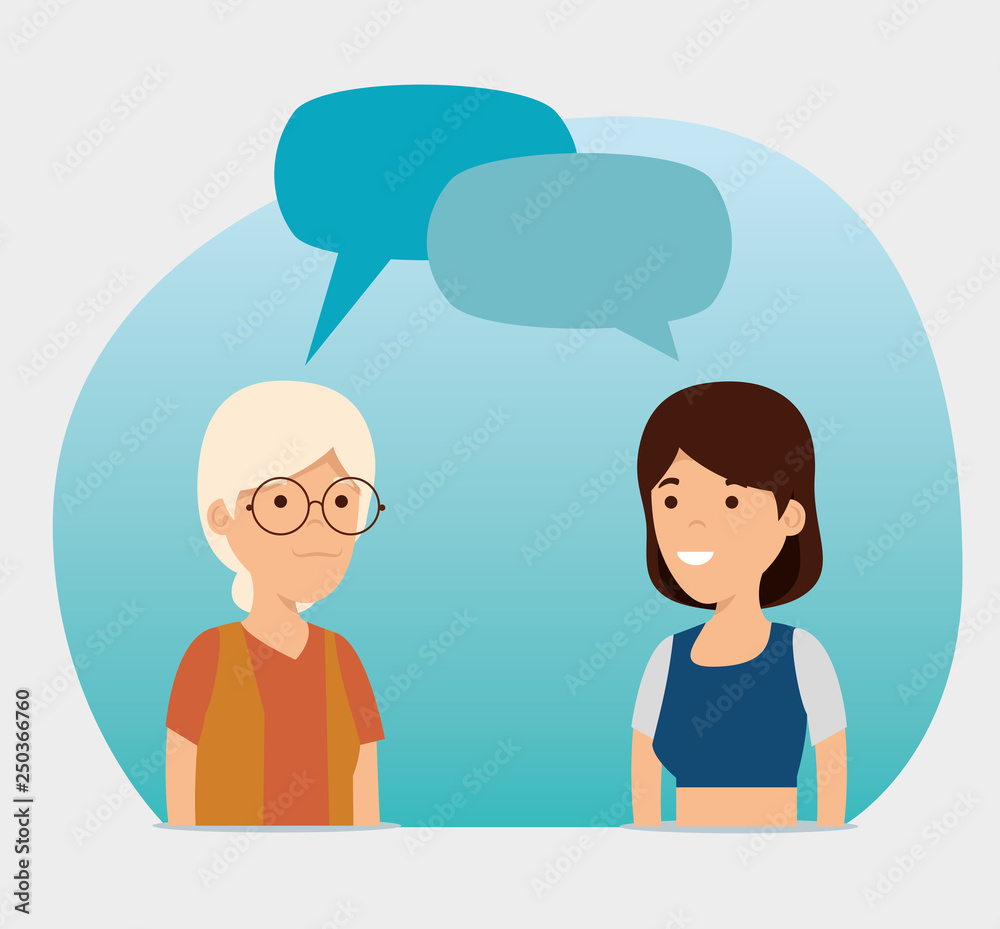 grandmother and girl with chat bubbles message grandmother and girl with chat bubbles message