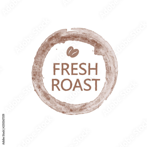 Lettering fresh roast with pair of coffee beans in brown circle isolated on white background