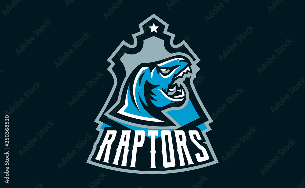 The emblem of an aggressive dinosaur, sharp teeth. Sports logo dino. Extinct predatory, Jurassic period. Vector illustration