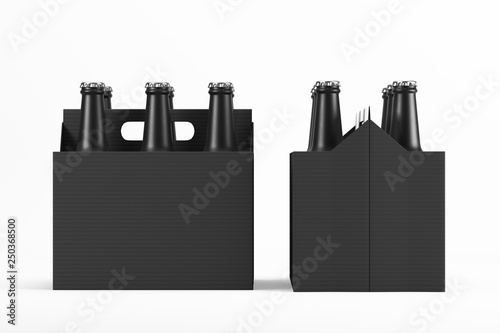 Obraz na plátně Matte glass black bottles in cardboard boxes on light background