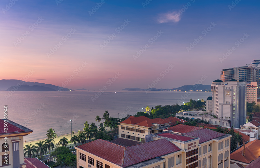 Vietnam, Nha Trang. May 8, 2015. A view from the top at the beautiful dawn, Pasteur Institute and modern tourist hotels