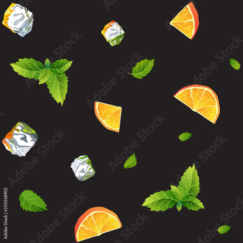 Seamless black pattern, orange, mint and Ice cubes