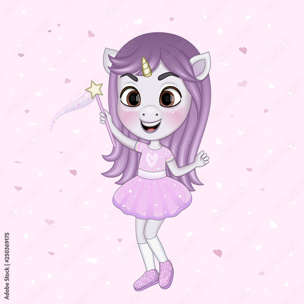 Cute unicorn character design on pink background with hearts. Cute unicorn character design on pink background with hearts.