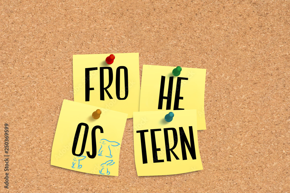 Eine Pinnwand und Notizen mit dem Slogan Frohe Ostern Eine Pinnwand und Notizen mit dem Slogan Frohe Ostern