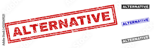 Grunge ALTERNATIVE rectangle stamp seals isolated on a white background. Rectangular seals with grunge texture in red, blue, black and gray colors.