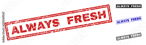 Grunge ALWAYS FRESH rectangle stamp seals isolated on a white background. Rectangular seals with grunge texture in red, blue, black and grey colors.