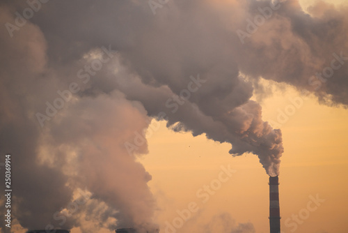 Pollution and smoke from chimneys of factory or power plant