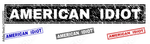 Grunge AMERICAN IDIOT rectangle stamp seals isolated on a white background. Rectangular seals with grunge texture in red, blue, black and gray colors. photo