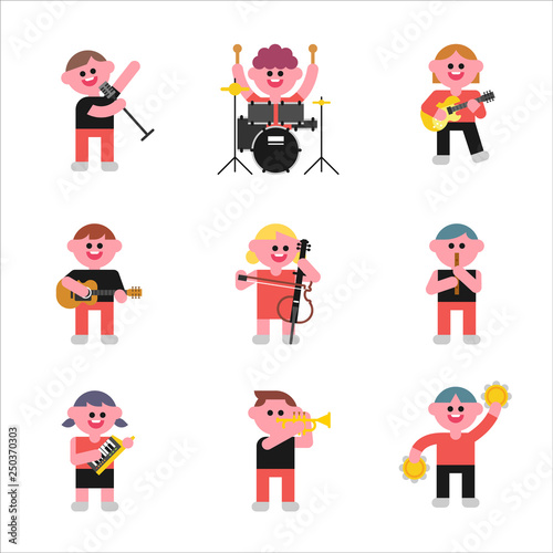 Set of cute little characters playing musical instruments. flat design style minimal vector illustration