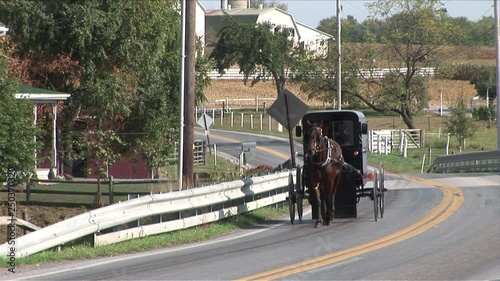 Amish horse and buggy next to farm in Lancaster, Pennsylvania photo