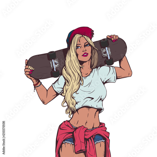 beautiful woman with a skateboard comic style